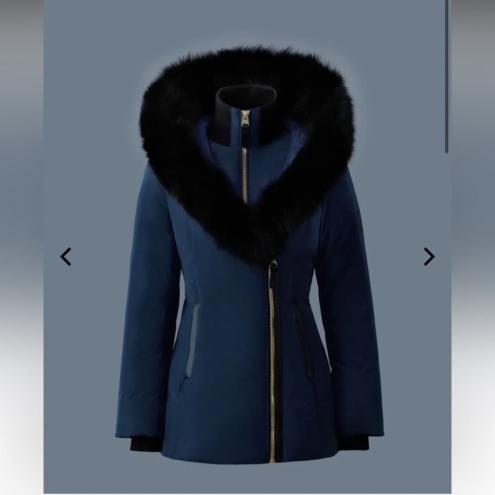 Mackage ADALI Down coat with blue fox fur Signature Mackage Collar in Navy-Gold